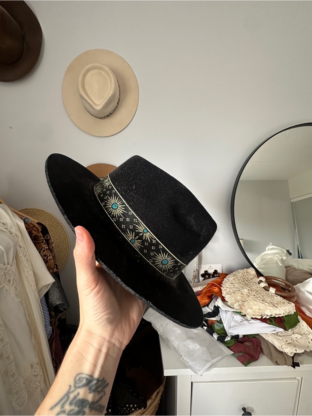 Lack Of Color Black Wide Brim Fedora with Embroidered gold and Turquoise Band - Picture 2 of 12
